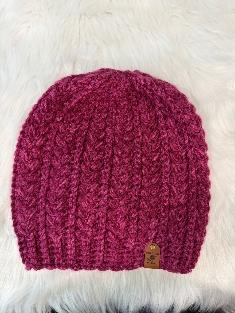 Kids Chunky Cable Crochet Beanie with Leather Tag - Bright Pink